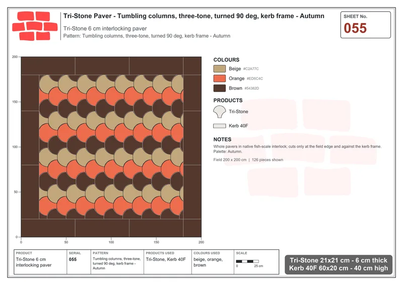 Interlock (Pasco) 21x21 cm · TRI-055 · Tumbling columns, three-tone, turned 90 deg, kerb frame - Autumn · Laying plan