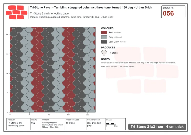 Interlock (Pasco) 21x21 cm · TRI-056 · Tumbling staggered columns, three-tone, turned 180 deg - Urban Brick · Laying plan