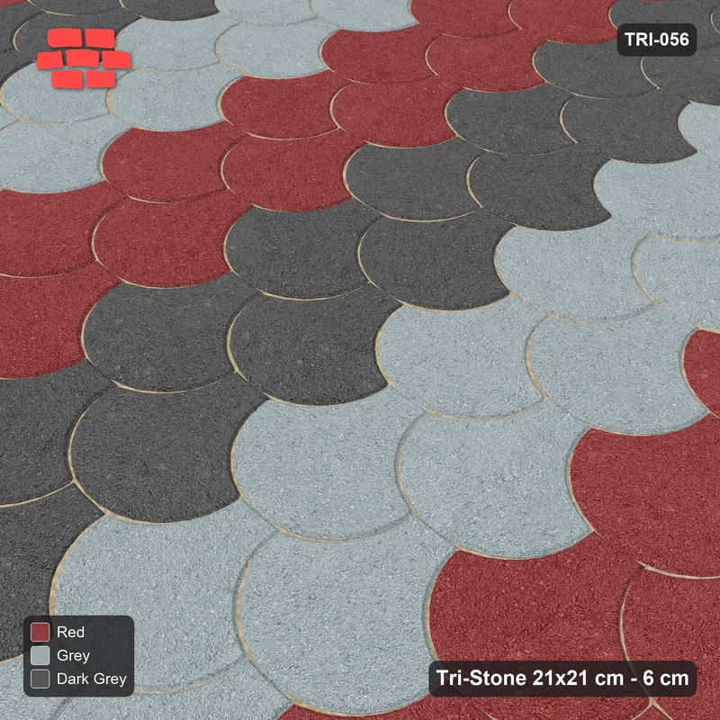 Interlock (Pasco) 21x21 cm · TRI-056 · Tumbling staggered columns, three-tone, turned 180 deg - Urban Brick · Side view Interlock (Pasco) 21x21 cm · TRI-056 · Tumbling staggered columns, three-tone, turned 180 deg - Urban Brick · Side view