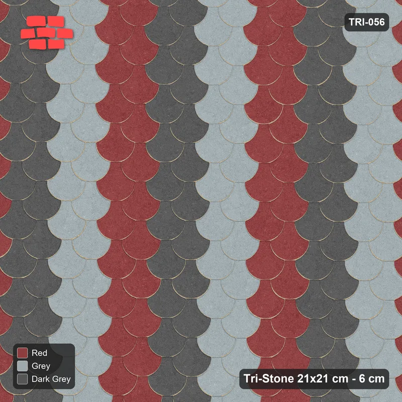 Interlock (Pasco) 21x21 cm · TRI-056 · Tumbling staggered columns, three-tone, turned 180 deg - Urban Brick · Top view Interlock (Pasco) 21x21 cm · TRI-056 · Tumbling staggered columns, three-tone, turned 180 deg - Urban Brick · Top view
