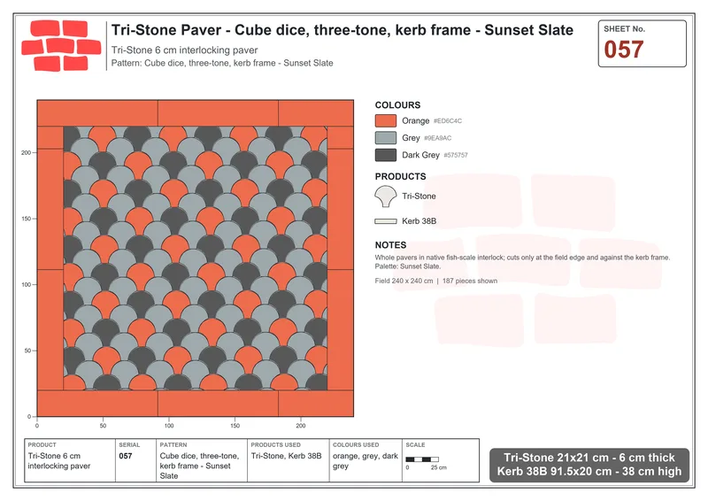 Interlock (Pasco) 21x21 cm · TRI-057 · Cube dice, three-tone, kerb frame - Sunset Slate · Laying plan