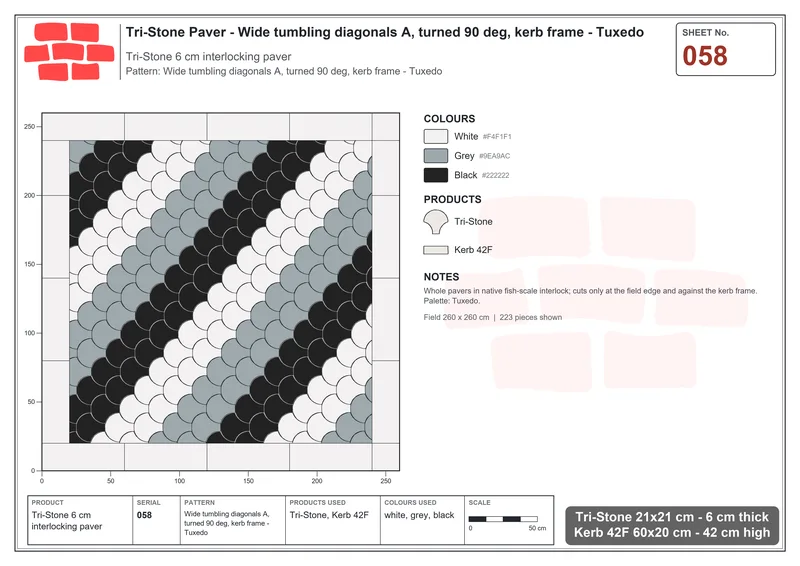 Interlock (Pasco) 21x21 cm · TRI-058 · Wide tumbling diagonals A, turned 90 deg, kerb frame - Tuxedo · Laying plan