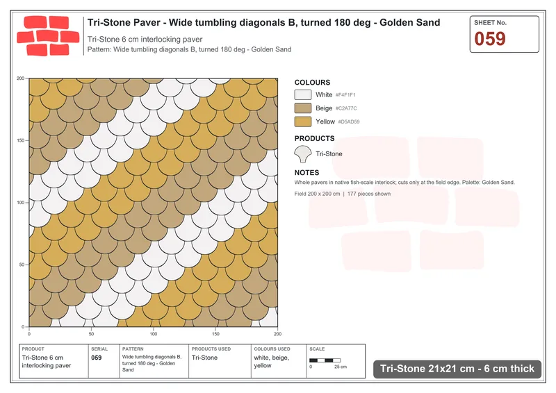 Interlock (Pasco) 21x21 cm · TRI-059 · Wide tumbling diagonals B, turned 180 deg - Golden Sand · Laying plan