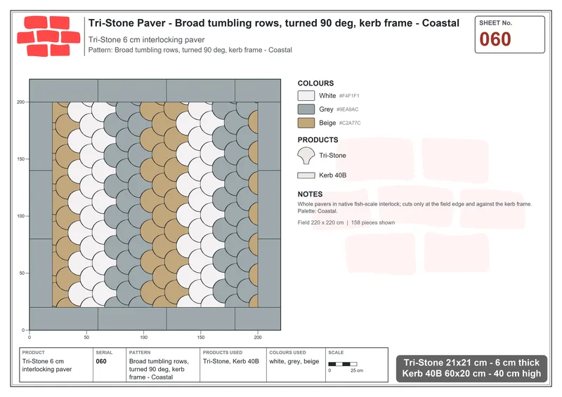 Interlock (Pasco) 21x21 cm · TRI-060 · Broad tumbling rows, turned 90 deg, kerb frame - Coastal · Laying plan