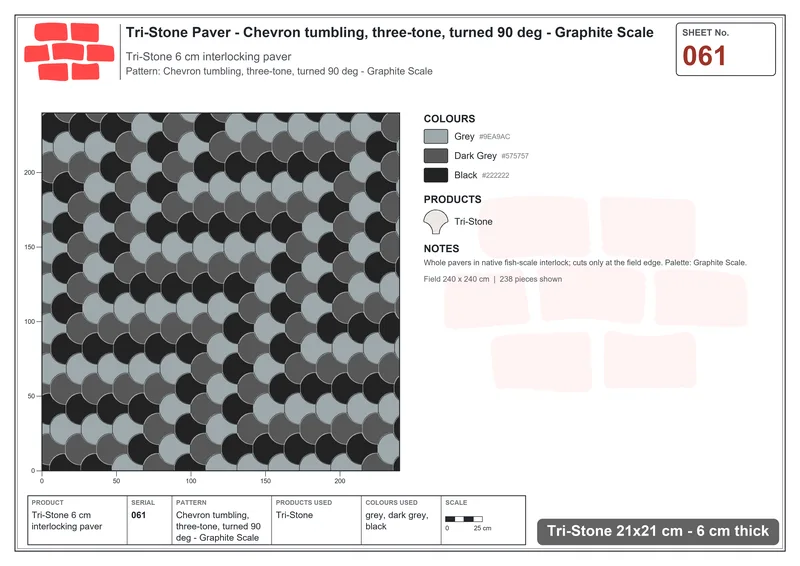 Interlock (Pasco) 21x21 cm · TRI-061 · Chevron tumbling, three-tone, turned 90 deg - Graphite Scale · Laying plan