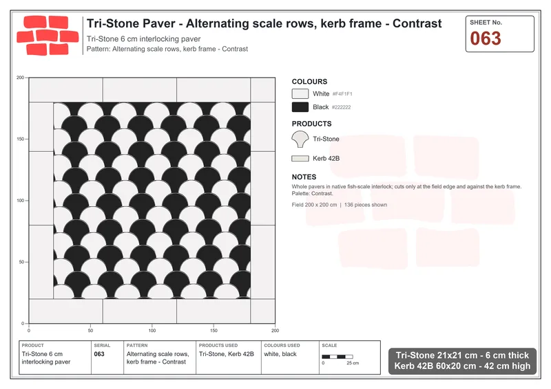 Interlock (Pasco) 21x21 cm · TRI-063 · Alternating scale rows, kerb frame - Contrast · Laying plan