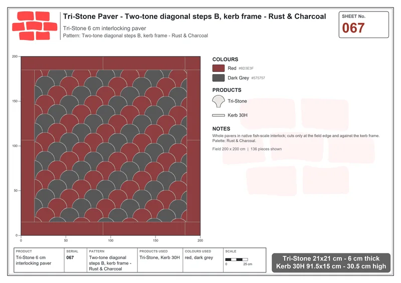 Interlock (Pasco) 21x21 cm · TRI-067 · Two-tone diagonal steps B, kerb frame - Rust & Charcoal · Laying plan