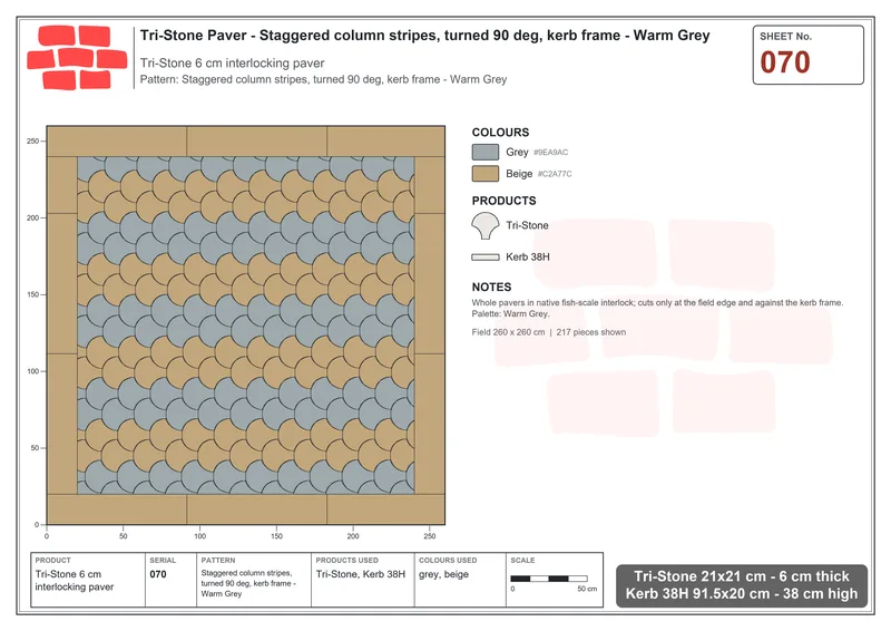 Interlock (Pasco) 21x21 cm · TRI-070 · Staggered column stripes, turned 90 deg, kerb frame - Warm Grey · Laying plan