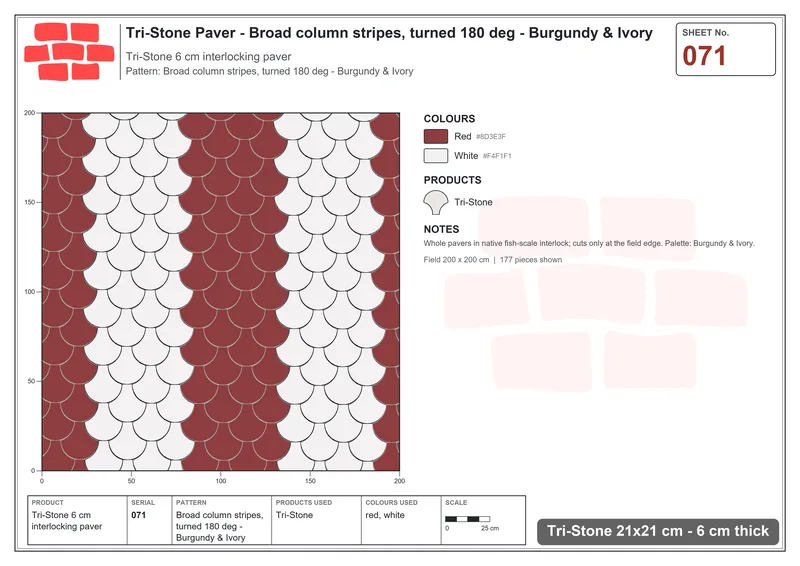 Interlock (Pasco) 21x21 cm · TRI-071 · Broad column stripes, turned 180 deg - Burgundy & Ivory · Laying plan