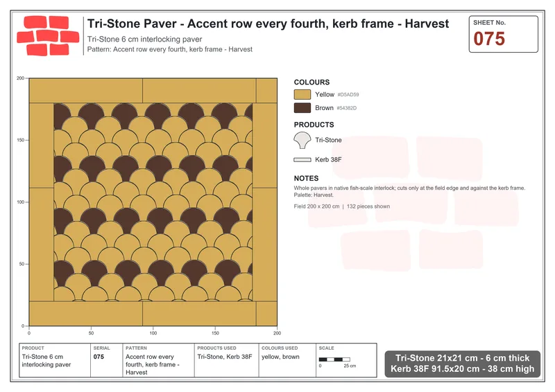 Interlock (Pasco) 21x21 cm · TRI-075 · Accent row every fourth, kerb frame - Harvest · Laying plan