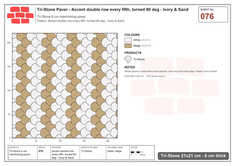 Interlock (Pasco) 21x21 cm · TRI-076 · Accent double row every fifth, turned 90 deg - Ivory & Sand · Laying plan