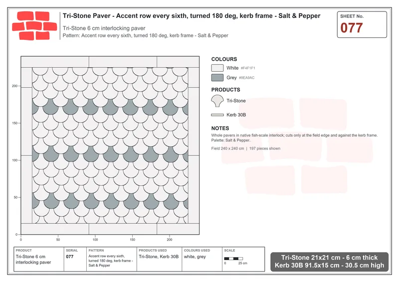 Interlock (Pasco) 21x21 cm · TRI-077 · Accent row every sixth, turned 180 deg, kerb frame - Salt & Pepper · Laying plan