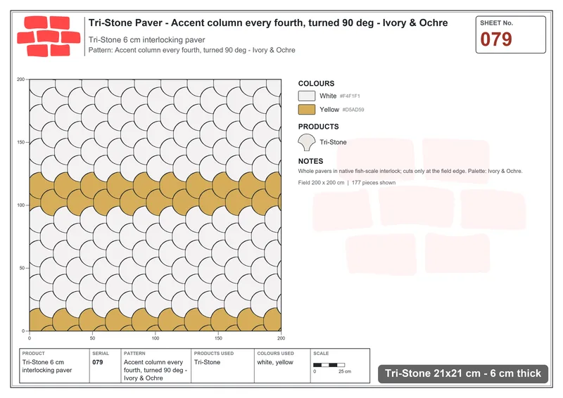 Interlock (Pasco) 21x21 cm · TRI-079 · Accent column every fourth, turned 90 deg - Ivory & Ochre · Laying plan