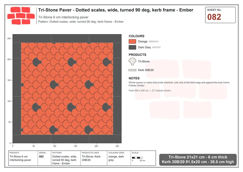 Interlock (Pasco) 21x21 cm · TRI-082 · Dotted scales, wide, turned 90 deg, kerb frame - Ember · Laying plan