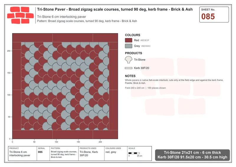Interlock (Pasco) 21x21 cm · TRI-085 · Broad zigzag scale courses, turned 90 deg, kerb frame - Brick & Ash · Laying plan