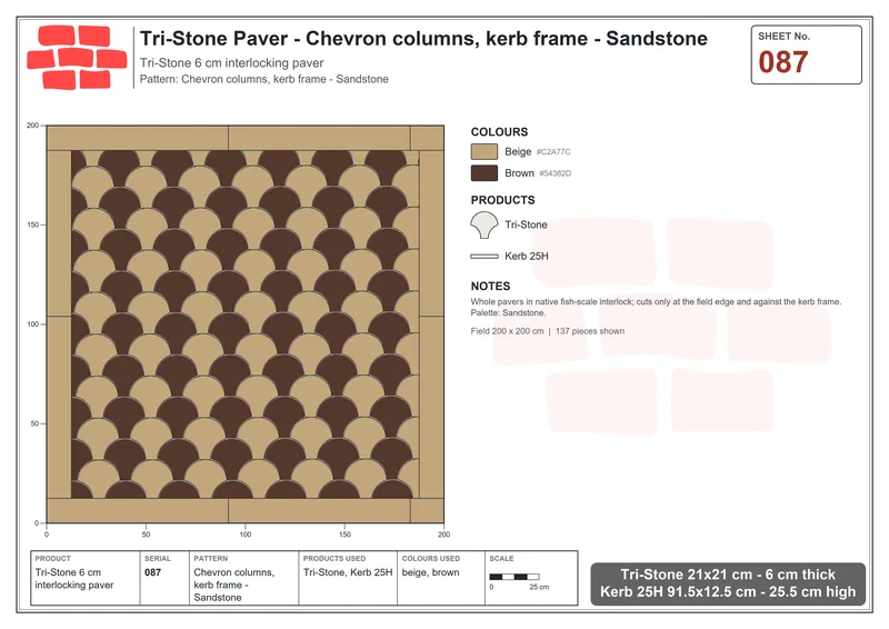 Interlock (Pasco) 21x21 cm · TRI-087 · Chevron columns, kerb frame - Sandstone · Laying plan
