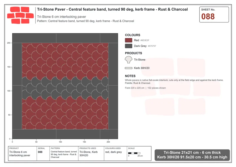 Interlock (Pasco) 21x21 cm · TRI-088 · Central feature band, turned 90 deg, kerb frame - Rust & Charcoal · Laying plan