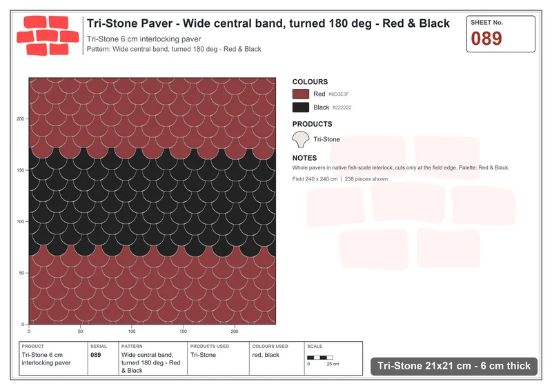 Interlock (Pasco) 21x21 cm · TRI-089 · Wide central band, turned 180 deg - Red & Black · Laying plan
