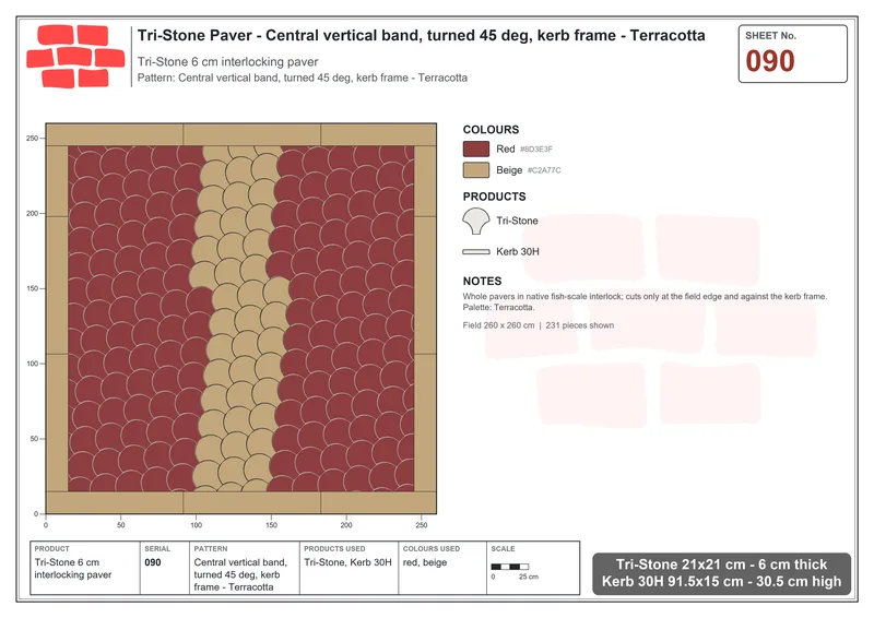 Interlock (Pasco) 21x21 cm · TRI-090 · Central vertical band, turned 45 deg, kerb frame - Terracotta · Laying plan