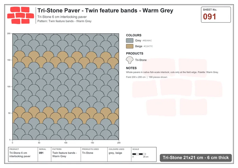 Interlock (Pasco) 21x21 cm · TRI-091 · Twin feature bands - Warm Grey · Laying plan