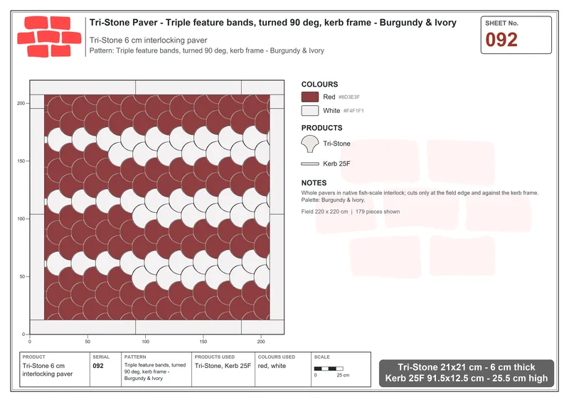 Interlock (Pasco) 21x21 cm · TRI-092 · Triple feature bands, turned 90 deg, kerb frame - Burgundy & Ivory · Laying plan