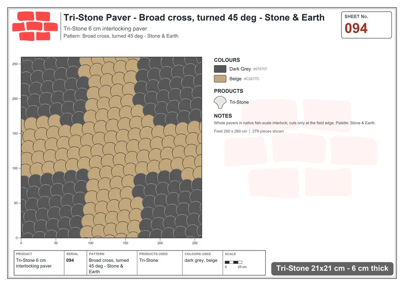 Interlock (Pasco) 21x21 cm · TRI-094 · Broad cross, turned 45 deg - Stone & Earth · Laying plan