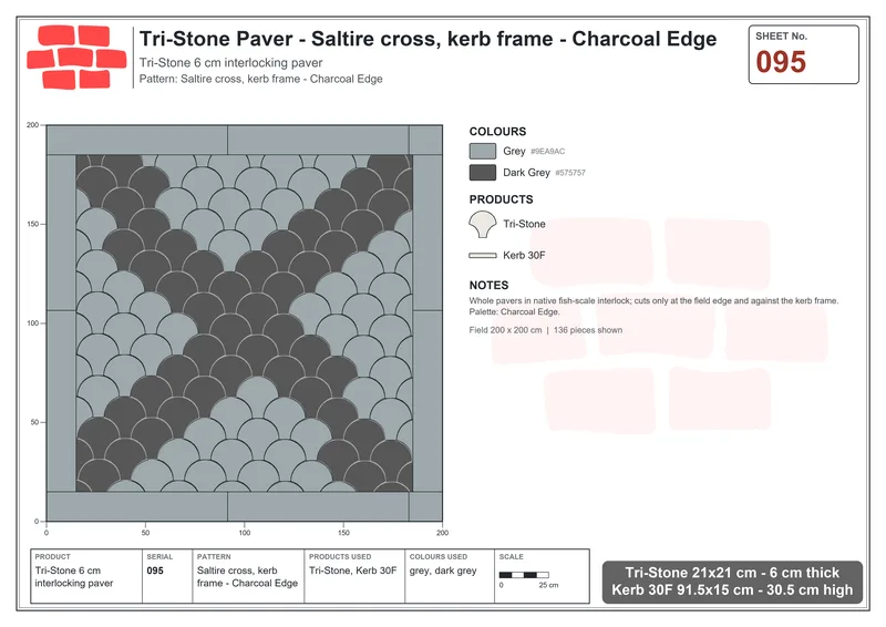 Interlock (Pasco) 21x21 cm · TRI-095 · Saltire cross, kerb frame - Charcoal Edge · Laying plan