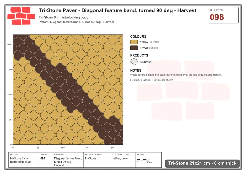 Interlock (Pasco) 21x21 cm · TRI-096 · Diagonal feature band, turned 90 deg - Harvest · Laying plan