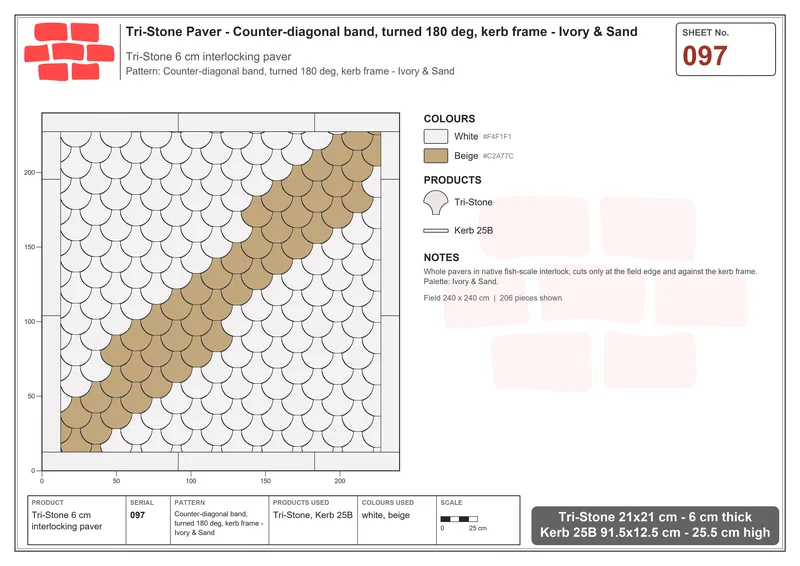 Interlock (Pasco) 21x21 cm · TRI-097 · Counter-diagonal band, turned 180 deg, kerb frame - Ivory & Sand · Laying plan