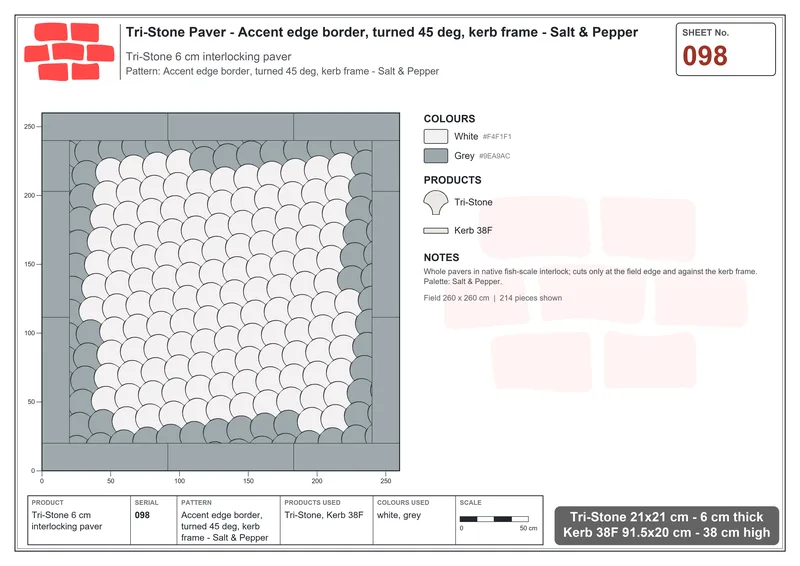 Interlock (Pasco) 21x21 cm · TRI-098 · Accent edge border, turned 45 deg, kerb frame - Salt & Pepper · Laying plan