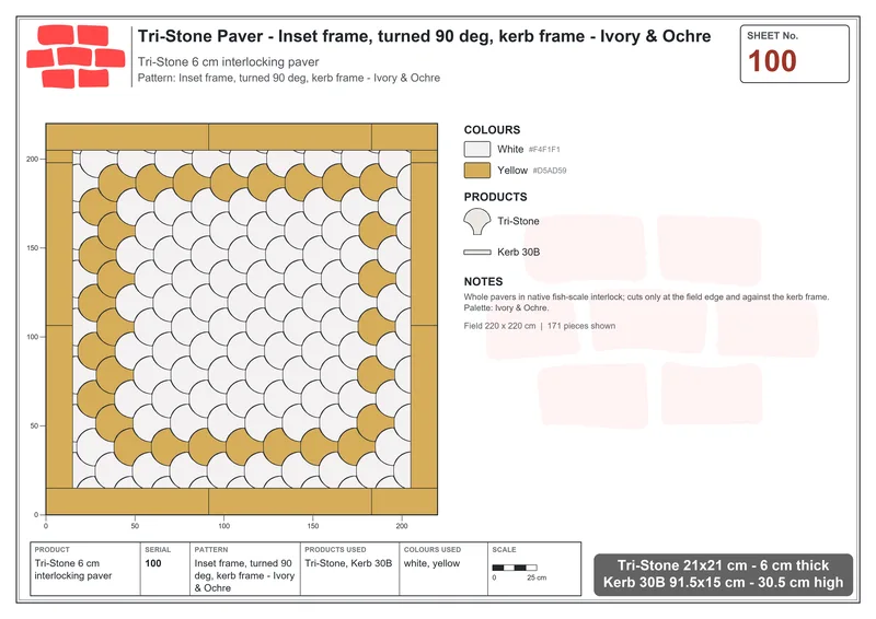 Interlock (Pasco) 21x21 cm · TRI-100 · Inset frame, turned 90 deg, kerb frame - Ivory & Ochre · Laying plan
