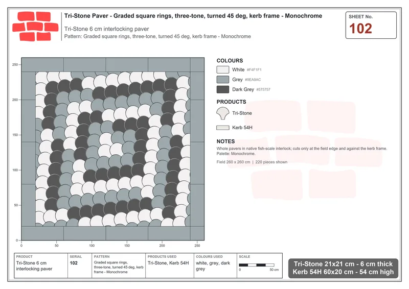 Interlock (Pasco) 21x21 cm · TRI-102 · Graded square rings, three-tone, turned 45 deg, kerb frame - Monochrome · Laying plan