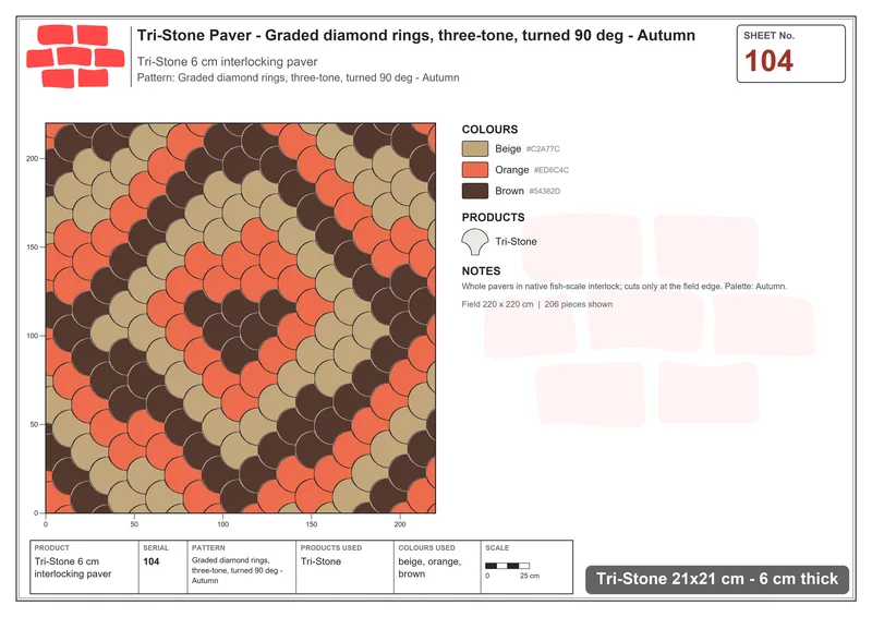 Interlock (Pasco) 21x21 cm · TRI-104 · Graded diamond rings, three-tone, turned 90 deg - Autumn · Laying plan