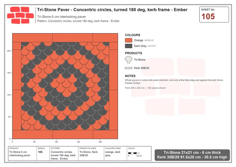 Interlock (Pasco) 21x21 cm · TRI-105 · Concentric circles, turned 180 deg, kerb frame - Ember · Laying plan