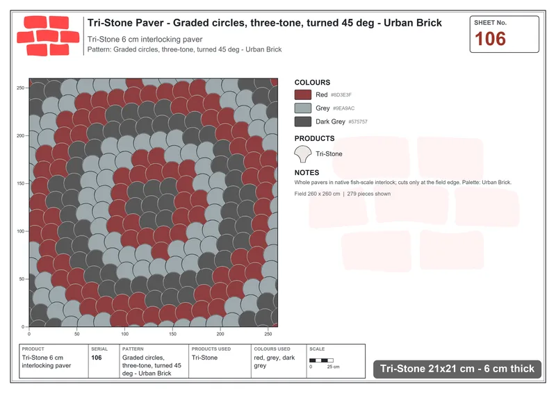 Interlock (Pasco) 21x21 cm · TRI-106 · Graded circles, three-tone, turned 45 deg - Urban Brick · Laying plan
