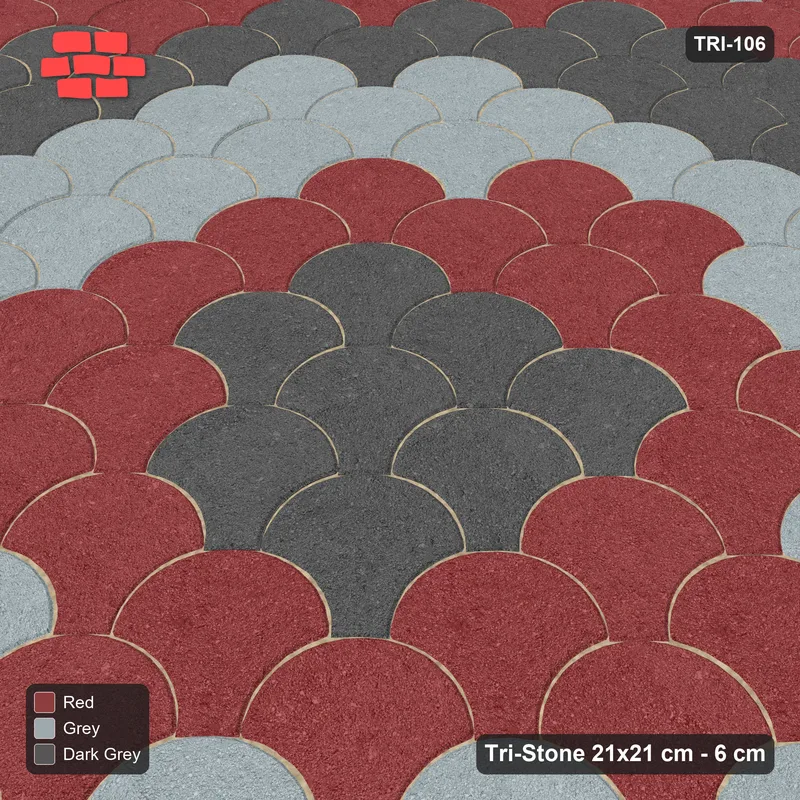 Interlock (Pasco) 21x21 cm · TRI-106 · Graded circles, three-tone, turned 45 deg - Urban Brick · Side view Interlock (Pasco) 21x21 cm · TRI-106 · Graded circles, three-tone, turned 45 deg - Urban Brick · Side view