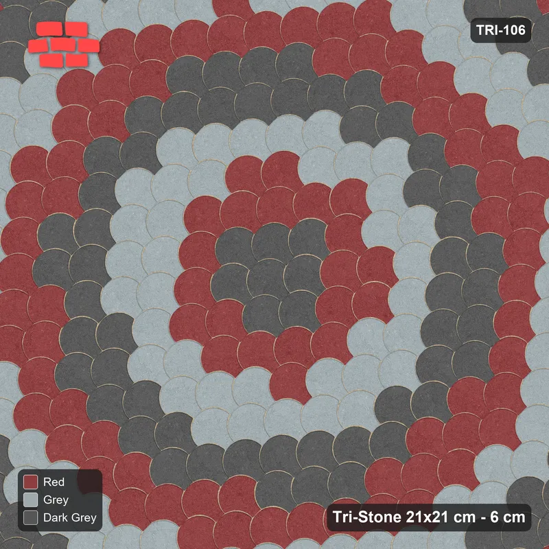 Interlock (Pasco) 21x21 cm · TRI-106 · Graded circles, three-tone, turned 45 deg - Urban Brick · Top view Interlock (Pasco) 21x21 cm · TRI-106 · Graded circles, three-tone, turned 45 deg - Urban Brick · Top view