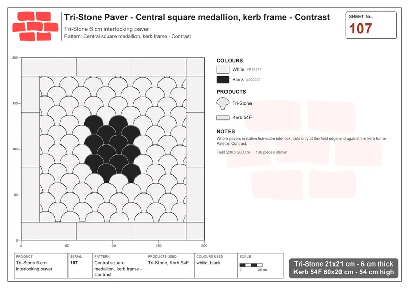 Interlock (Pasco) 21x21 cm · TRI-107 · Central square medallion, kerb frame - Contrast · Laying plan