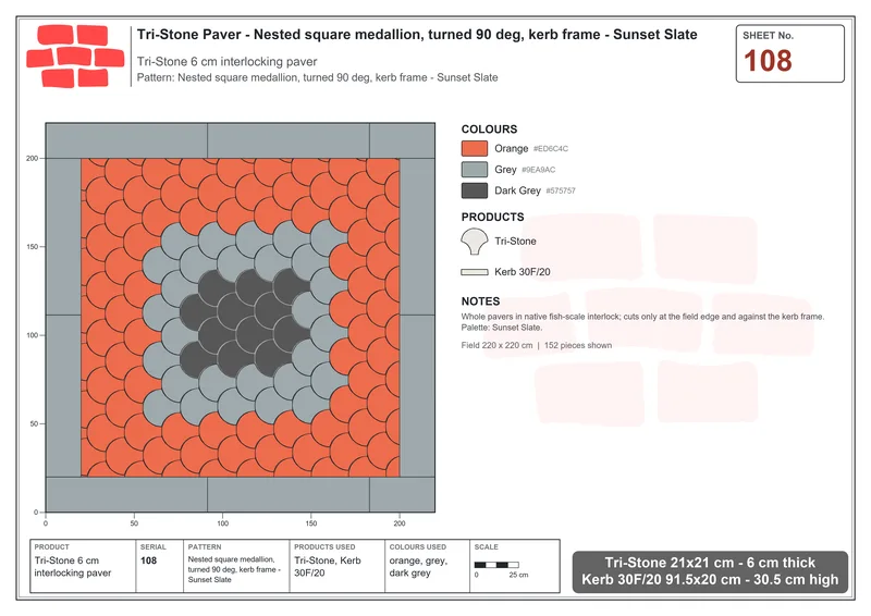 Interlock (Pasco) 21x21 cm · TRI-108 · Nested square medallion, turned 90 deg, kerb frame - Sunset Slate · Laying plan