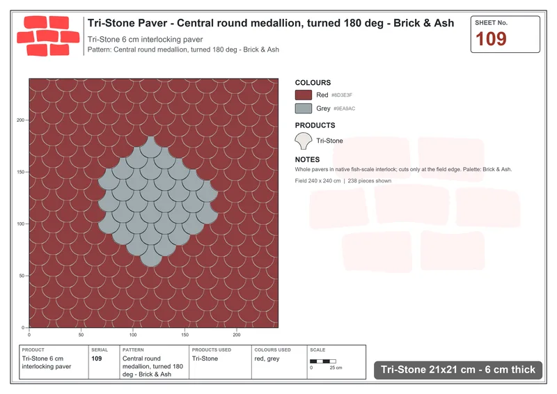 Interlock (Pasco) 21x21 cm · TRI-109 · Central round medallion, turned 180 deg - Brick & Ash · Laying plan