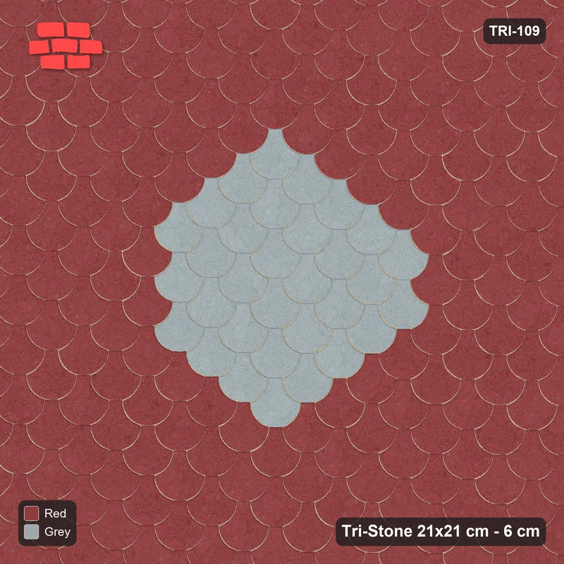 Interlock (Pasco) 21x21 cm · TRI-109 · Central round medallion, turned 180 deg - Brick & Ash · Top view Interlock (Pasco) 21x21 cm · TRI-109 · Central round medallion, turned 180 deg - Brick & Ash · Top view