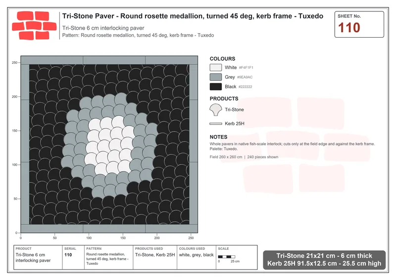 Interlock (Pasco) 21x21 cm · TRI-110 · Round rosette medallion, turned 45 deg, kerb frame - Tuxedo · Laying plan