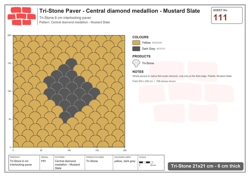 Interlock (Pasco) 21x21 cm · TRI-111 · Central diamond medallion - Mustard Slate · Laying plan