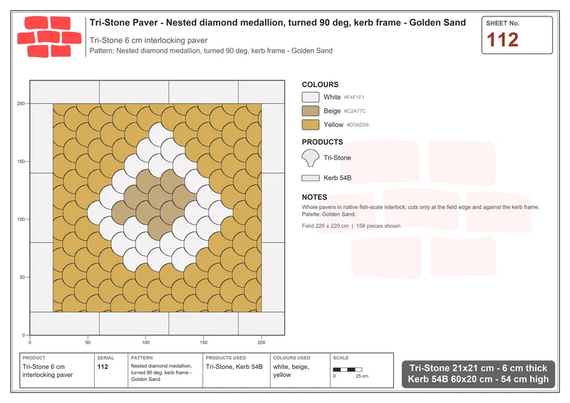 Interlock (Pasco) 21x21 cm · TRI-112 · Nested diamond medallion, turned 90 deg, kerb frame - Golden Sand · Laying plan