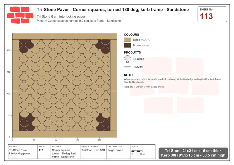 Interlock (Pasco) 21x21 cm · TRI-113 · Corner squares, turned 180 deg, kerb frame - Sandstone · Laying plan
