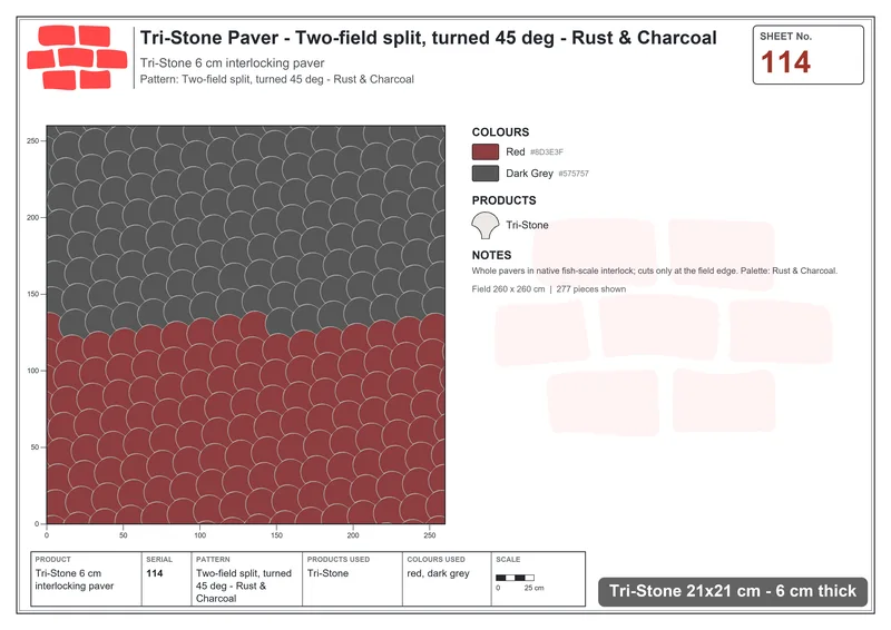 Interlock (Pasco) 21x21 cm · TRI-114 · Two-field split, turned 45 deg - Rust & Charcoal · Laying plan