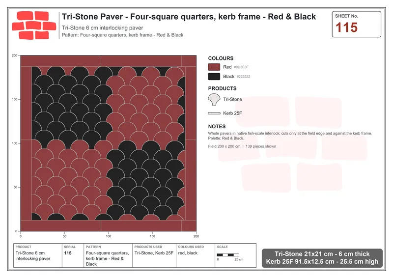 Interlock (Pasco) 21x21 cm · TRI-115 · Four-square quarters, kerb frame - Red & Black · Laying plan