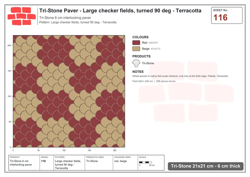 Interlock (Pasco) 21x21 cm · TRI-116 · Large checker fields, turned 90 deg - Terracotta · Laying plan