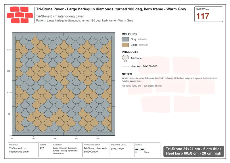 Interlock (Pasco) 21x21 cm · TRI-117 · Large harlequin diamonds, turned 180 deg, kerb frame - Warm Grey · Laying plan
