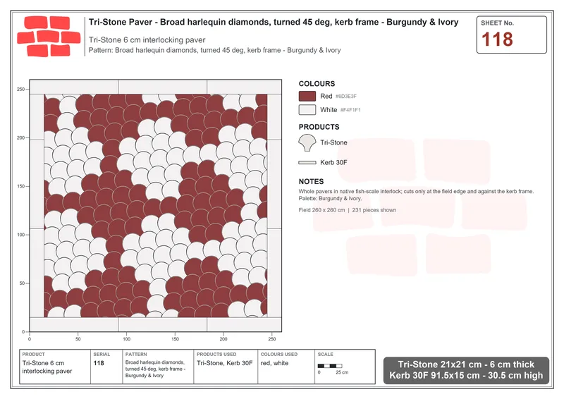 Interlock (Pasco) 21x21 cm · TRI-118 · Broad harlequin diamonds, turned 45 deg, kerb frame - Burgundy & Ivory · Laying plan